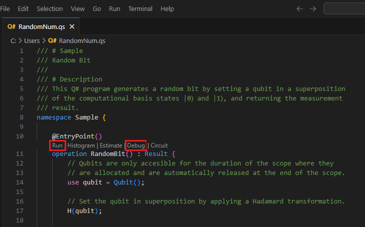 Visual Studio Code 中的 Q# 檔案螢幕快照，其中顯示使用執行和偵錯命令尋找程式碼鏡頭的位置。