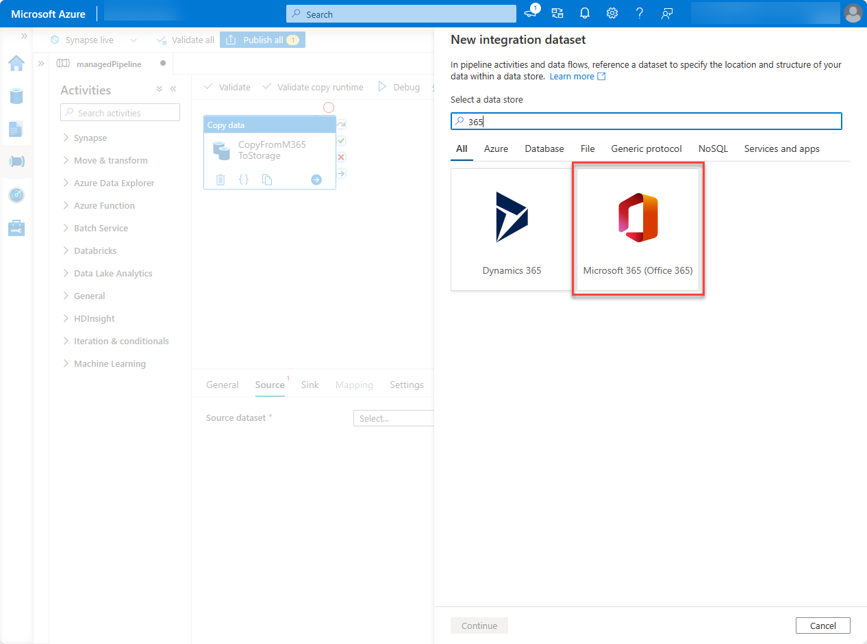 A screenshot of the Azure portal Data Factory service page with Microsoft 365 (Office 365) and Continue highlighted.