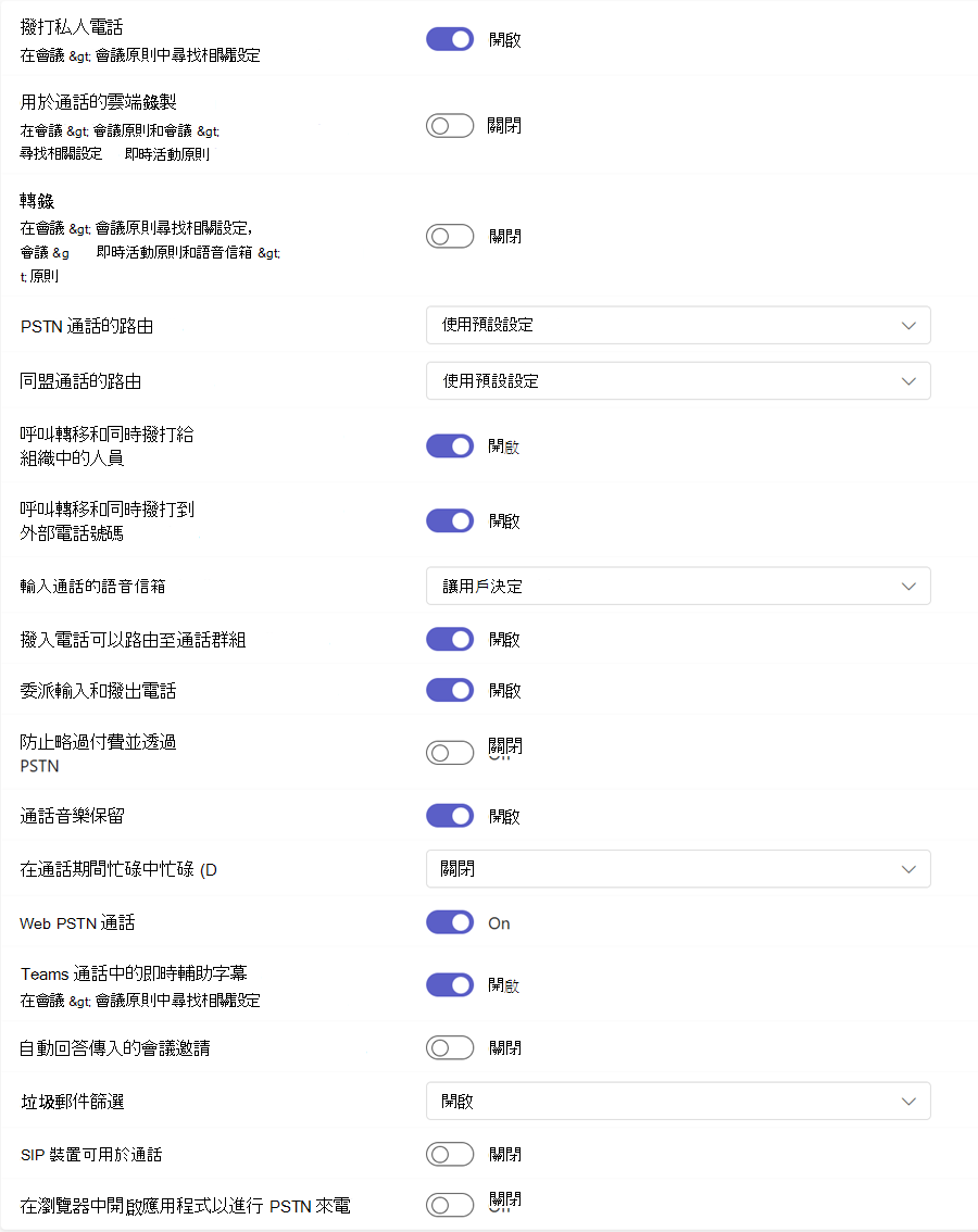 Teams 通話原則的螢幕快照。