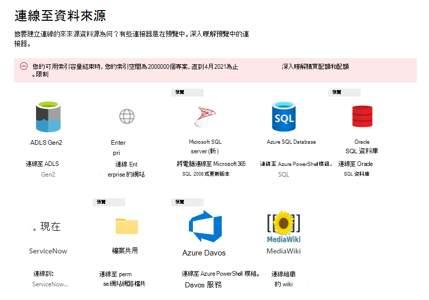 可用的數據源包括：ADLS Gen2、企業網站、Microsoft SQL Server、Azure SQL、Oracle SQL 資料庫、ServiceNow 知識、ServiceNow 目錄、檔案共用、Azure DevOps 和 MediaWiki。