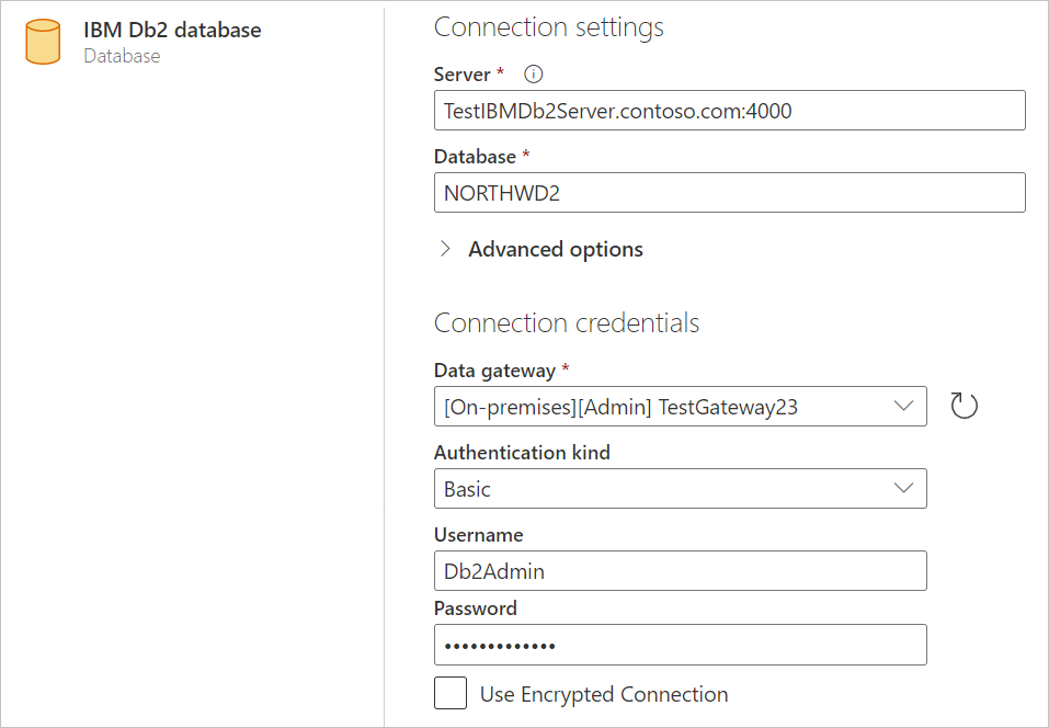 輸入IBM Db2 資料庫在線連線。