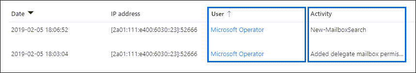 篩選「Microsoft運算子」以顯示稽核記錄