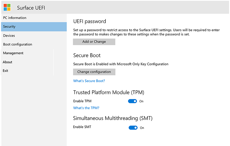 設定 Surface UEFI 安全性設定。