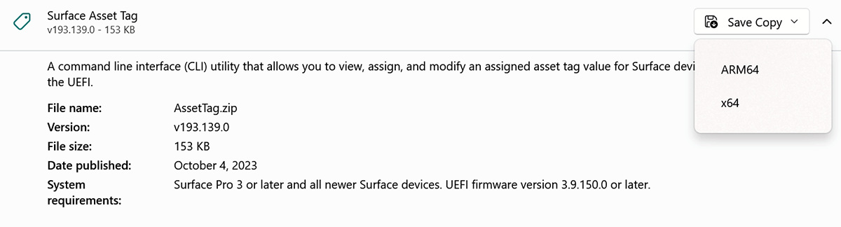 Surface 資產標籤下載的螢幕快照。