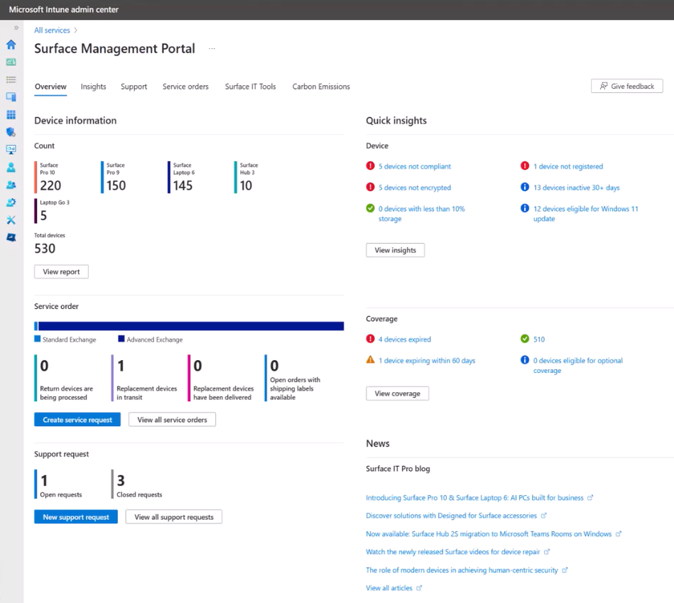 Microsoft Surface Management 入口網站的螢幕快照。