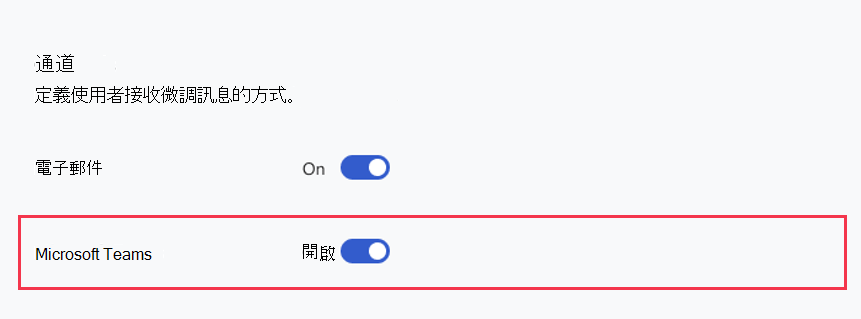 [微調收件者群組] 群組的 [收件者群組設定] 區段中，[Microsoft Teams] 切換開關切換為 [開啟] 的螢幕快照。