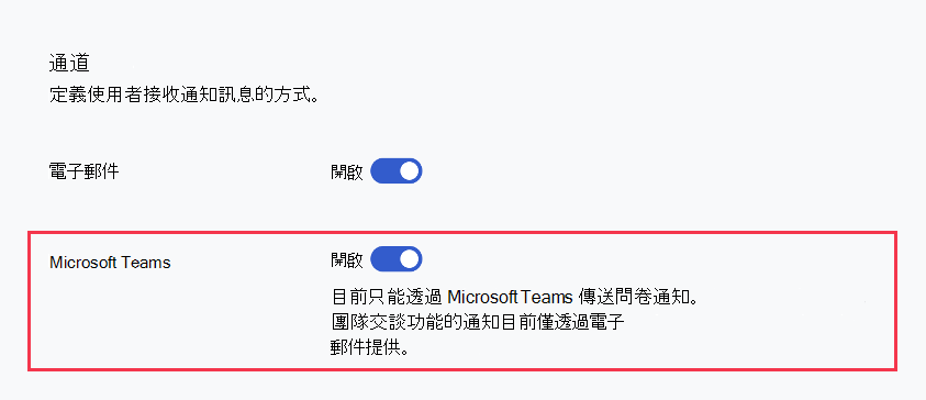 在 Glint 問卷的 [通訊] 區段中，[Microsoft Teams] 切換開關切換為 [開啟] 的螢幕快照。