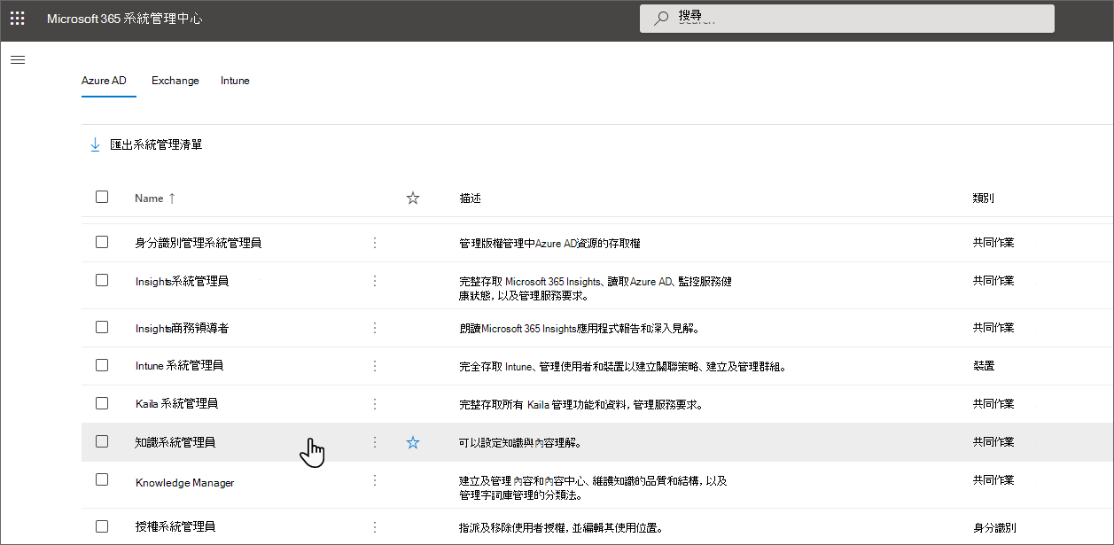 在 [Microsoft Entra ID] 索引標籤上選取的知識 管理員 影像。