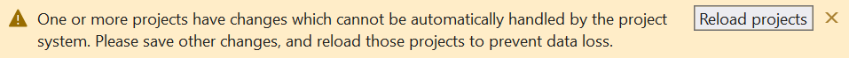 Visual Studio 橫幅供應專案以重載您的專案以完成變更